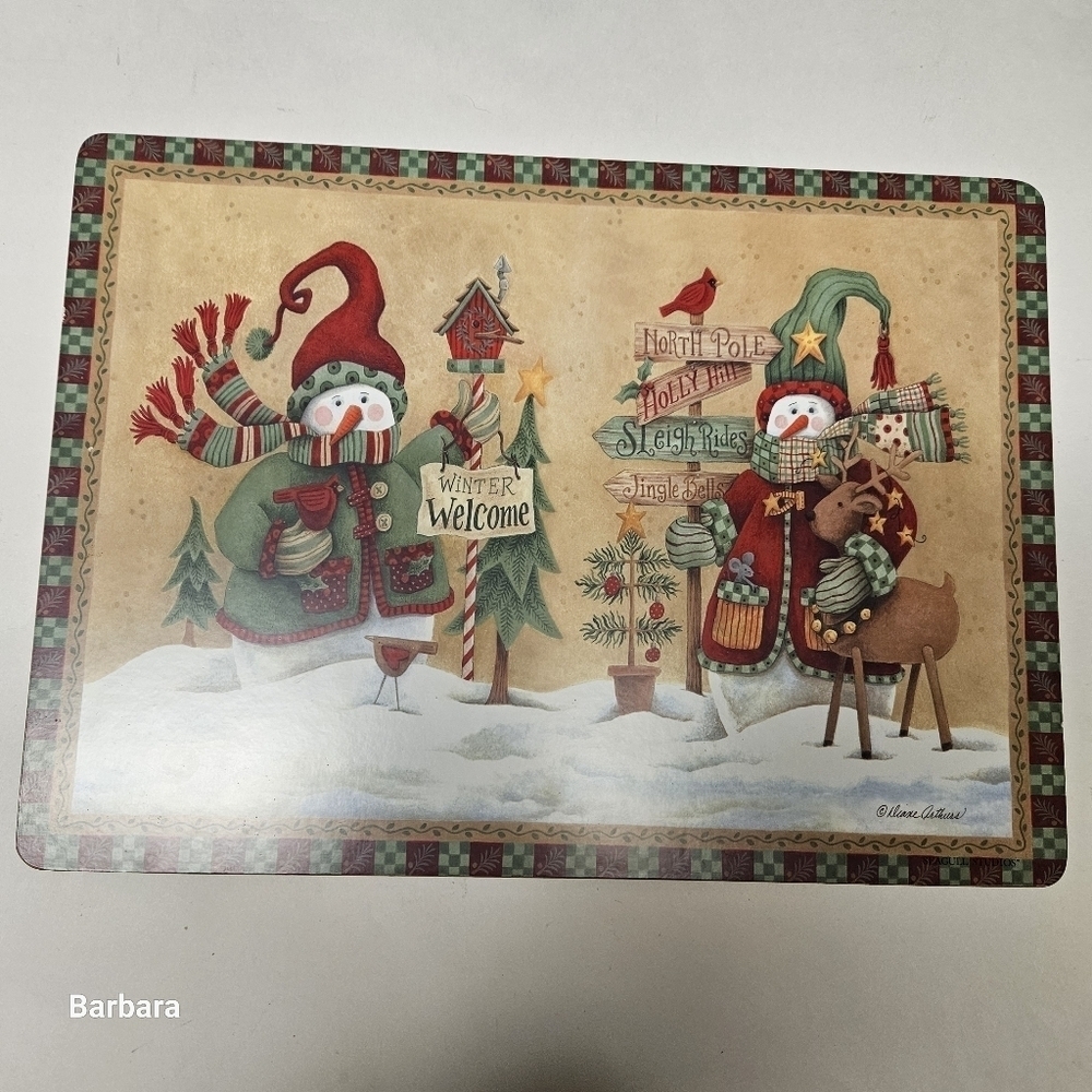 Vintage 5-Piece Set Christmas Snowmen Cork Backing Placemats - Picture 2 of 5